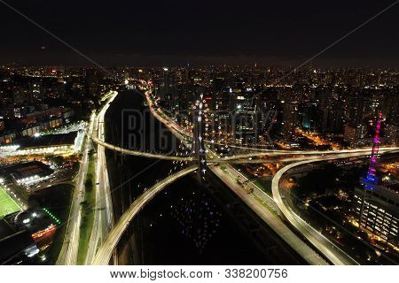 Aerial View Of Cable-stayed Bridge Decorated For Christmas And New Year Celebrations. Sao Paulo, Bra