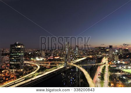 Aerial View Of Cable-stayed Bridge Decorated For Christmas And New Year Celebrations. Sao Paulo, Bra