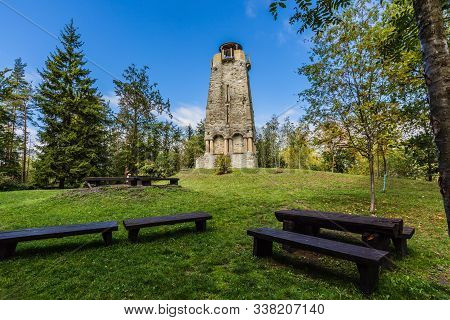 Zelena Hora, Pelhrimov / Czech Republic - September 13 2019: Bismarck Tower Made Of Stone Built In 1