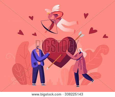 Man And Woman Fall In Love Concept. Young Male And Female Characters Share Huge Red Heart Pierced Wi