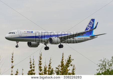 Osaka, Japan - Jun 26, 2019.  Ja134a All Nippon Airways Airbus A321 Neo Landing At Osaka Itami Airpo