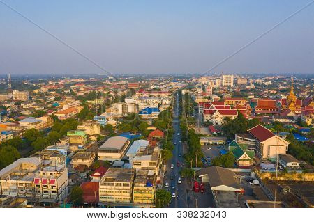 Aerial View Of Residential Buildings In Phra Prathom Chedi District, Nakhon Pathom, Thailand. Urban 