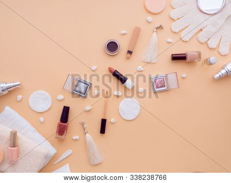 Curative And Decorative Cosmetics, Body And Face Care Isolated On Nude Skin Beige Color Background. 