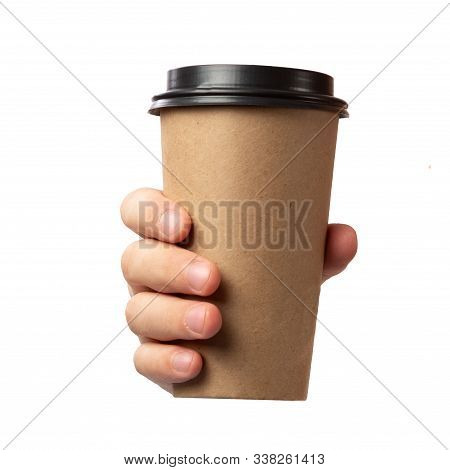 Man Hand Holding Brown Paper Cup Of Coffee With Black Lid Isolated On White Background.