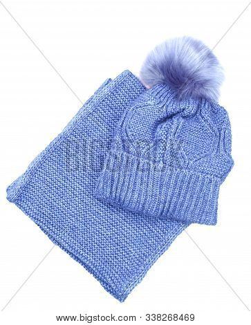 Handmade Knitted Clothing, Woolen Hat And Soft Snood Blue Colour. Warm Things For Winter Season. Top