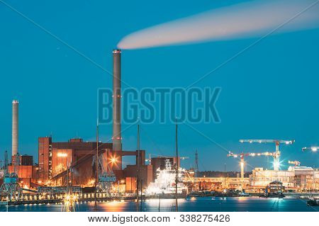 Helsinki, Finland - December 10, 2016: Evening Night View Of Industrial Zone Of Hanasaari Power Plan