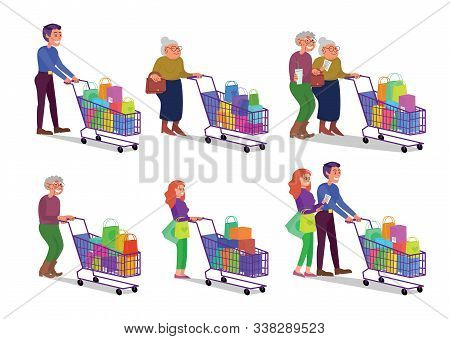 Set Of Caucasian Adult And Retired Couples Walking With Shopping Cart Full Of Purchases. Happy Smili
