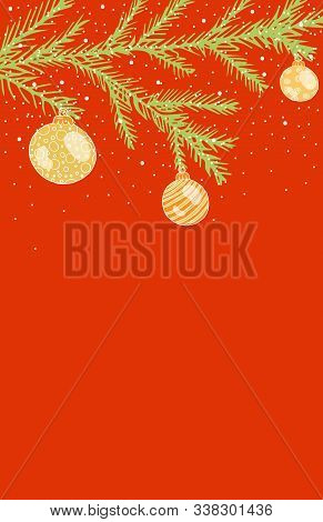 Christmas Card, With Green Branches Of A Christmas Tree With Christmas Balls And Snow On A Red Backg