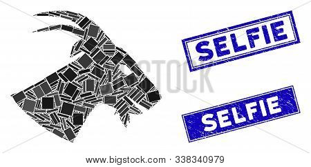 Mosaic Goat Head Icon And Rectangular Selfie Stamps. Flat Vector Goat Head Mosaic Icon Of Scattered 