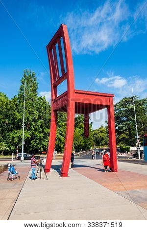Geneva, Switzerland - July 20, 2019: Broken Chair Or Chaise Cassee Is A Wooden Sculpture By The Swis
