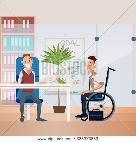Disabled Person Employment Trendy Flat Vector Concept. Company Human Resources Manager, Boss Talking