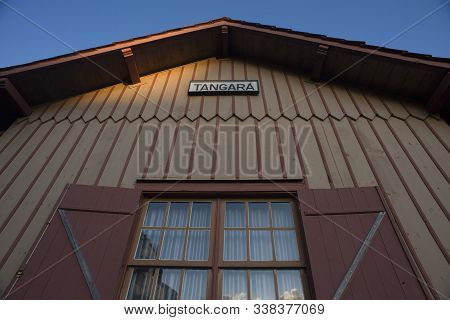 Tangara, Santa Catarina, Brazil - November 09, 2015: Facade Of Colonial Style Train Station Of Tanga