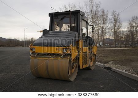 Asphalt Road-rollers On The Road. Heavy Vibration Rollers.