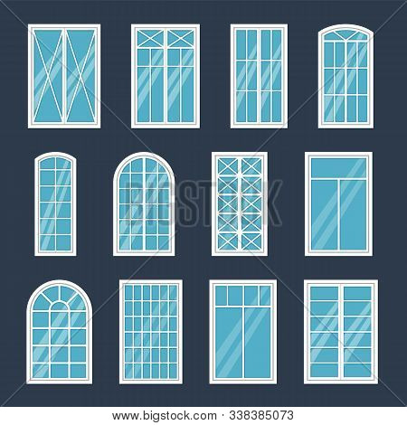 Window Exterior. Various Glass Windows Frame Types, Construction Sashes Design, Modern Architecture 