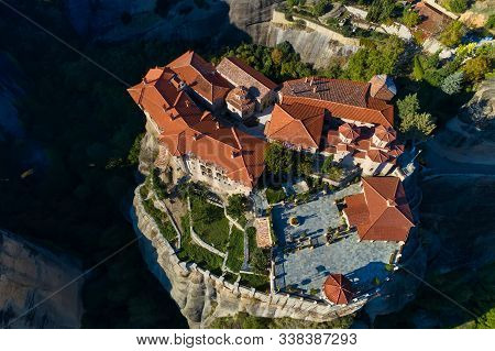 Aerial View From The Monastery Of The Varlaam On Top Of The Cliff  In Meteora Near Kalabaka, Trikala