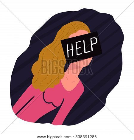 The Girl Asks For Help. On The Face Is A Black Square With The Text Help. Concept Of Sexual Abuse, P