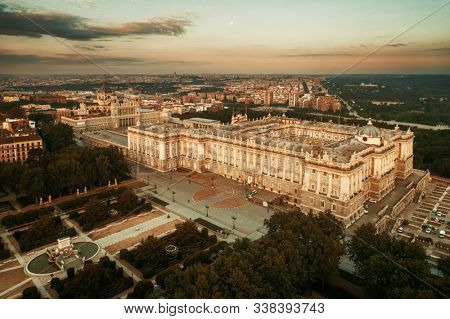 Royal Palace aerial view at sunrise in Madrid, Spain.