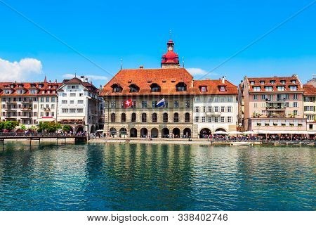Reuss River And Lucerne Or Luzern City Centre View, Central Switzerland