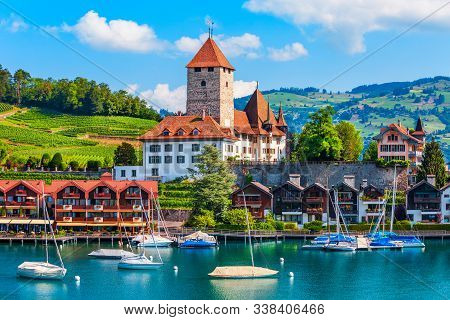 Spiez Castle Or Schloss Spiez And Schlosskirche Church Near Thun Lake In Spiez Town Of Bern Canton I
