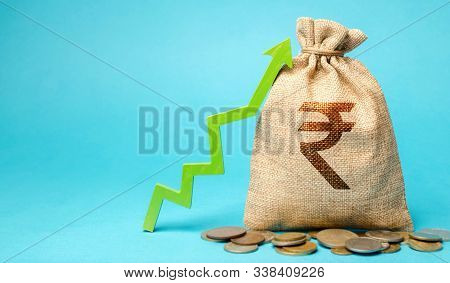 Money Bag With Coins And Up Arrow. The Concept Of A Successful Business. Increase Profits And Capita