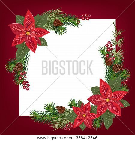 Merry Christmas Greeting Card Design With Floral Poinsetia Bouquet Decoration And White Background W