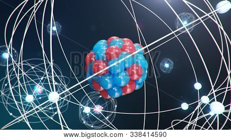 Abstract Atom Model. Atom Is The Smallest Level Of Matter That Forms Chemical Elements. Glowing Ener