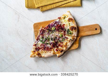 Flammkuchen Pizza Slices / Traditional Tarte Flambee With Creme Fraiche, Cream Cheese, Bacon And Red