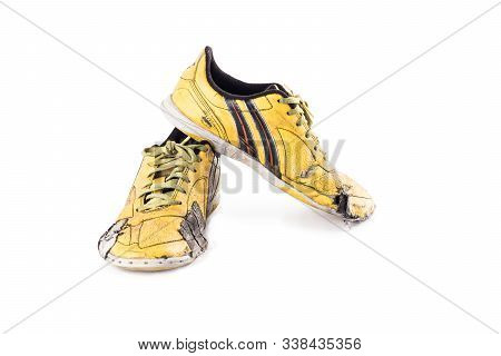 Old  Worn Out Futsal Sports Shoes On White Background Soccer Sportware Object Isolated