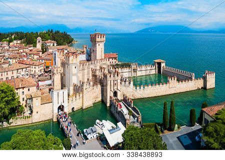 Scaligero Castle Aerial Panoramic View. Scaligero Castle Is A Fortress In The Historical Center Of S