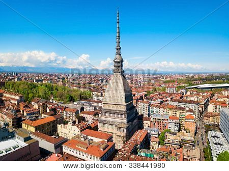 The Mole Antonelliana Aerial Panoramic View, A Major Landmark Building In Turin City, Piedmont Regio