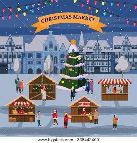 Christmas Market Or Holiday Winter Outdoor Fair On Oldtown Square Big New Year Tree Cityscape. Big S