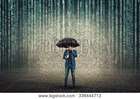 Businessman Hiding Face Standing Under Umbrella Shield To Protect Of Internet Viruses As Matrix Code