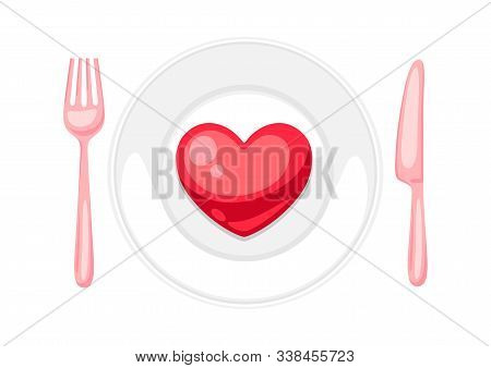 Valentines Day Heart On Plate With Fork And Knif. Illustrations In Cartoon Style.