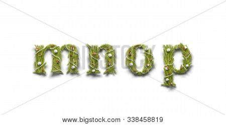 Decorative M N O P Lowercase Xmas Font Mockup, Isolated, 3d Rendering. Nativity Character With Toy A