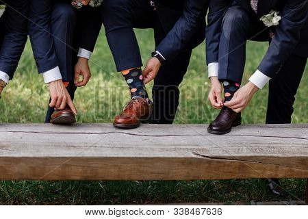 Stylish Mens Socks. Stylish Suitcase, Mens Legs, Multicolored Socks And New Shoes. Concept Of Style,
