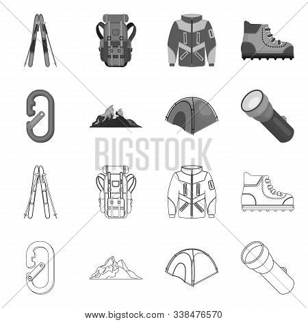 Vector Illustration Of Mountaineering And Peak Sign. Set Of Mountaineering And Camp Stock Symbol For