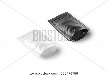 Blank Blank And White Plastic Zipper Pouch Mockup Set Lying, Isolated, 3d Rendering. Empty Wrap Case