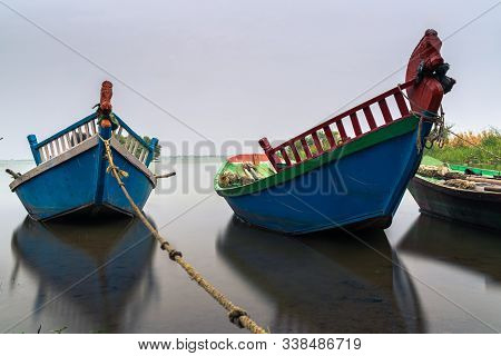 Fishing Boats Parked Near Still Lake Of Bhigwan, Maharashtra
