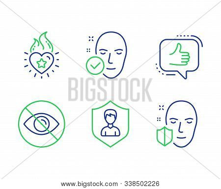 Like, Heart Flame And Not Looking Line Icons Set. Security Agency, Health Skin And Face Protection S