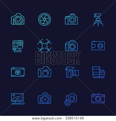 Photography Line Vector Icons, Mirrorless, Action Camera, Lenses, Drone Photo, Tripod