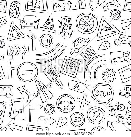 Cars, Road Objects, Traffic Signs And Automobile Symbols. Seamless Pattern In Doodle Style. Vector I