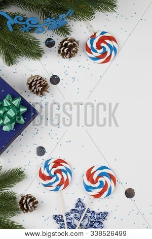 Christmas Background. Christmas Boxe With Lollipops, Cone , Snowflakes And Christmas Tree Branches O