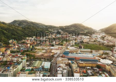 Patong City And Beach Life With Cars And Boats In Thailand Phuket Island Drone Flight