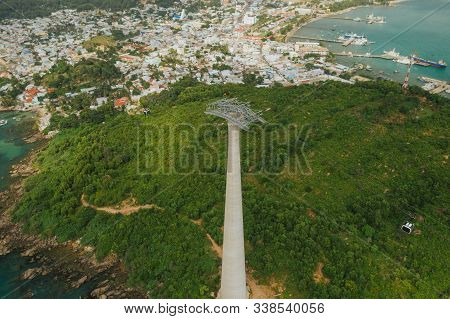 Cable Car Fanicular To Pinepple Island In Vietnam, Drone Shot