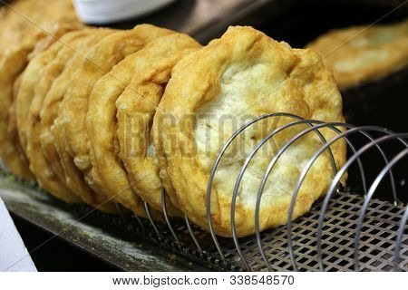 Hungarian Speciality Langos Deep Fried Flat Bread Ready To Taste
