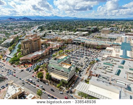Aerial View Of Mega Shopping Mall In Scottsdale, Desert City In Arizona East Of State Capital Phoeni