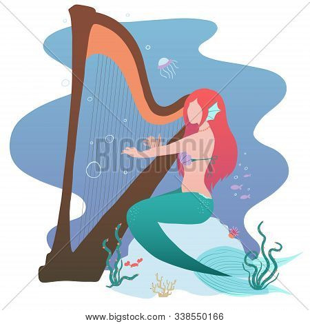 Mermaid Is Sitting On A Stone And Plays The Harp