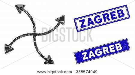 Mosaic Swirl Arrows Icon And Rectangular Zagreb Stamps. Flat Vector Swirl Arrows Mosaic Icon Of Rand