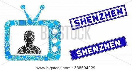 Mosaic Tv Speaker Icon And Rectangular Shenzhen Stamps. Flat Vector Tv Speaker Mosaic Icon Of Scatte