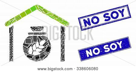Mosaic Grain Storage Pictogram And Rectangle No Soy Rubber Prints. Flat Vector Grain Storage Mosaic 